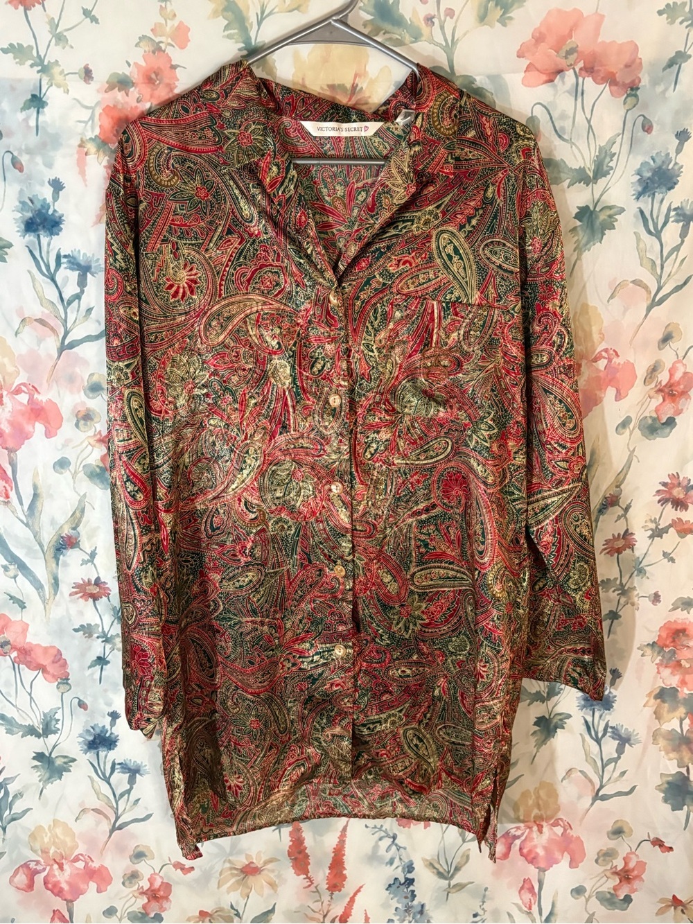 Vintage Victoria's Secret Red & Green Paisley Button-Up Top